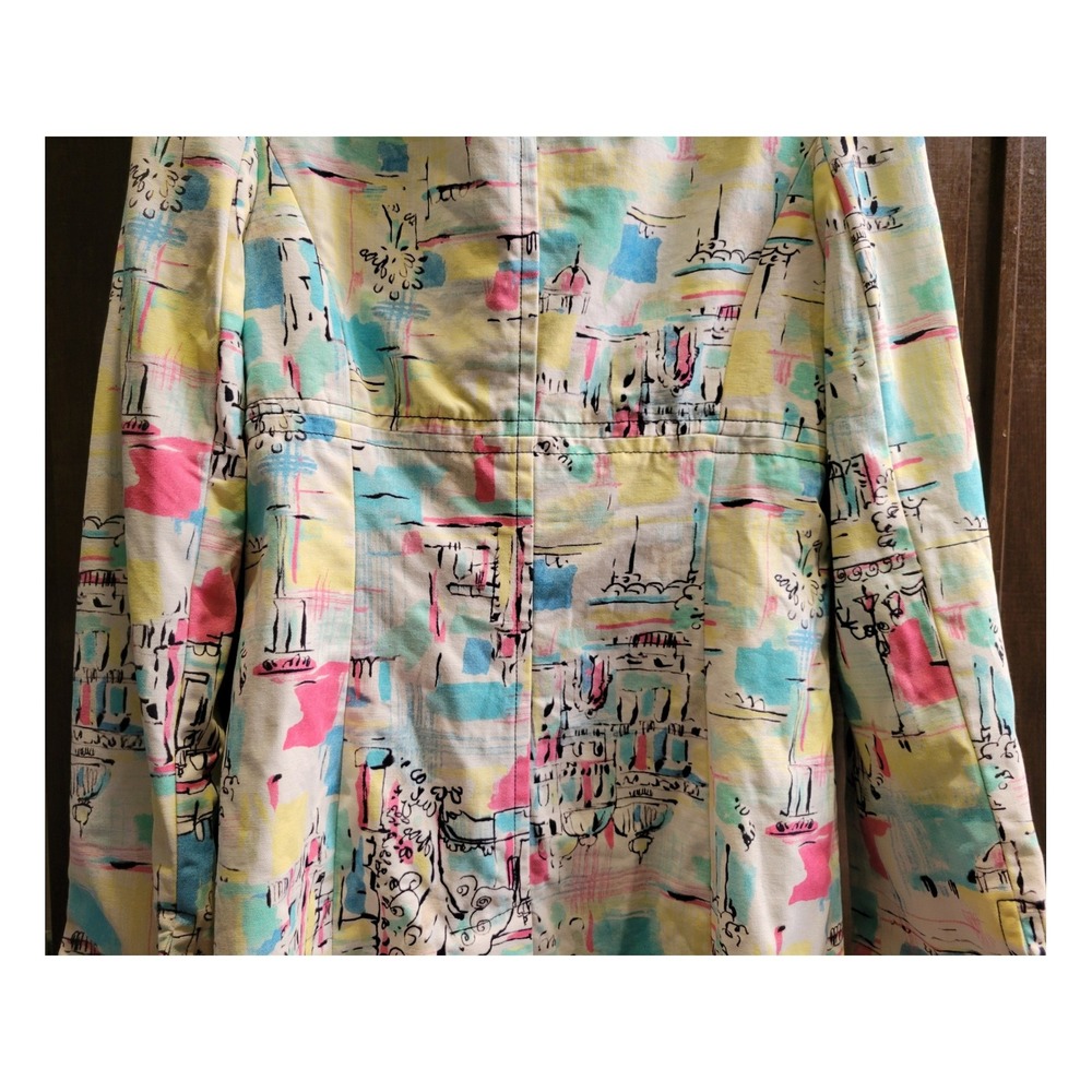 i.e. Womens Abstract Cityscape Print Cotton Trench Coat Pastel Double Breasted S - Picture 10 of 12